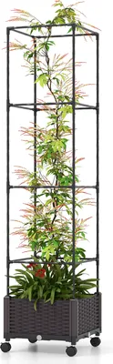 Produktbild von GOPLUS Rankhilfe mit Blumenkasten, Tomatentopf mit Spalier, Pflanzenturm mit 4 Verstellbarer Höhe & Wasserspeicher, Tomatenturm aus Metall & PP, Tomatenkäfig Pflanzkasten mit Rollen, 40 x 40 x 170 cm