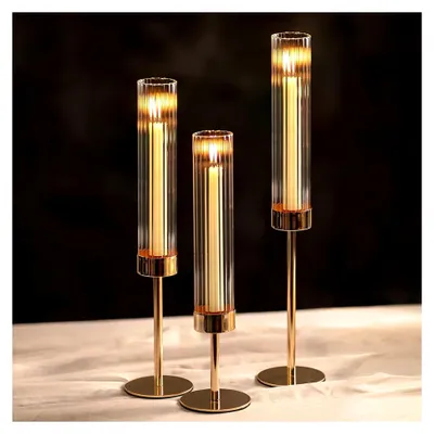 Produktbild von Kerzenständer aus Gold mit Glaszylinder für Stabkerzen: 3er Set mit Riffelglasaufsatz für Hochzeiten und Tischdekoration