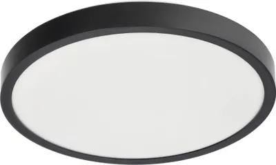 A close-up, studio shot of a black and white LED ceiling light.