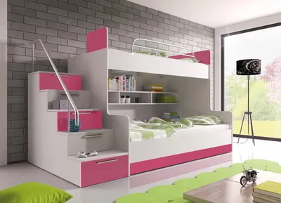 A bunk bed with stairs and storage drawers in a child's bedroom.