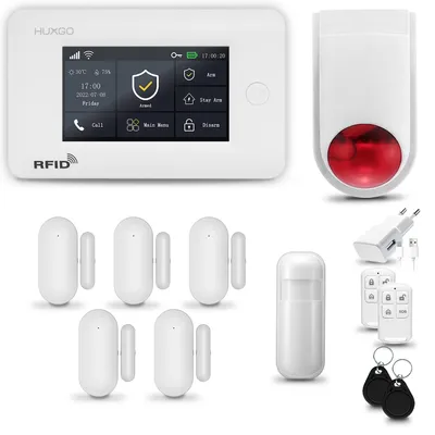 Immagine prodotto di HUXGO HXA006 Sistema di allarme per la casa, WiFi + GSM 4G, con sirena wireless. Include un sensore di movimento e 5 sensori per porte e finestre, compatibile con l'app Tuya Smartlife