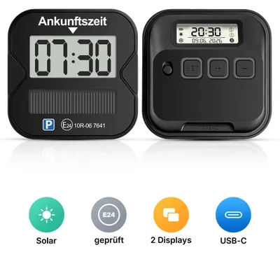 Produktbild von Elektronische Parkscheibe Solar mit Zulassung – 2 Displays, Vollautomatisch, wiederaufladbar statt Batterie – Digitale Parkuhr fürs Auto, Type-C,StVO