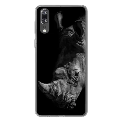 Produktbild von MuchoWow® Handyhülle Schutzhülle Hülle für Huawei P20 Nahaufnahme eines Nashorns auf schwarzem Hintergrund Silikon Softcase Handy Hülle - Hardcover
