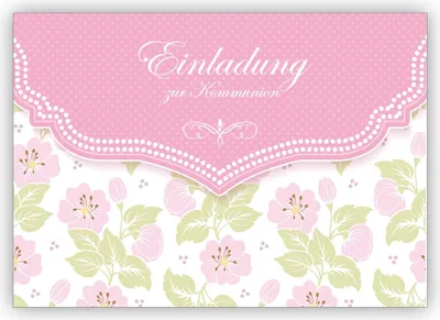 Produktbild von 4x Schöne Einladungskarte mit zartem Blüten Muster in rosa für Mädchen: Einladung zur Kommunion