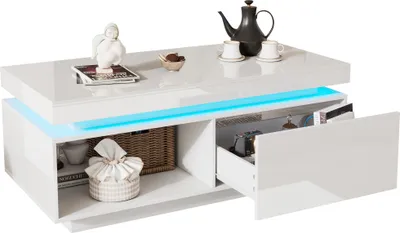 Produktbild von Hochglanz Wohnzimmertisch 100x50x40.3cm Weiss Beistelltisch LED eleganter Couchtisch Schublade 50 kg Tragkraft moderne LED-Beleuchtung