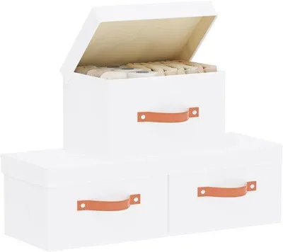 Produktbild von Aufbewahrungsboxen, 3 Stück, Aufbewahrungsbox mit Deckel, Stoffaufbewahrungsbox für Wohnzimmer, Schlafzimmer, Kleiderschrank-Organizer, 33 x 23 x 20 cm, Weiß