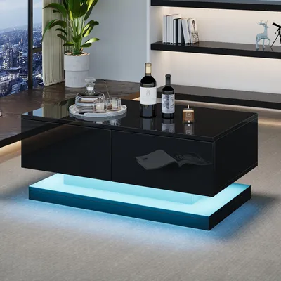 Produktbild von okwish Couchtisch mit 2 Schubladen,Sofatisch mit LED-Beleuchtung, gesteuert über App,Kaffeetisch Hochglanz,Schwarz