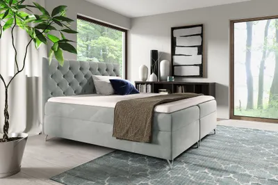Produktbild von MEBLINI Boxspringbett mit Bettkasten - Gepolstert Doppelbett mit Matratze und Topper - Polsterbett mit Stauraum - Bett mit Kopfteil - Stauraumbett - GIULIA - 140x200 - H3/Hellgrau Samt