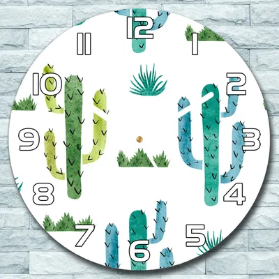 Produktbild von Wanduhr aus Glas Rund fi 30 Aquarell Kakteen Quarz Deko Wohnzimmer Büro