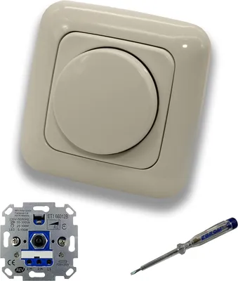 Produktbild von REV Ritter LED Drehdimmer LED Dimmer mit Busch Jäger Dimmerscheibe Zentralplatte 2115-212 Einfachrahmen in DURO2000 cremeweiß glänzend inklusive EBROM Phasenprüfer zur Montage des Dimmers ET1 66012B