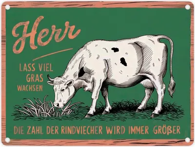 Produktbild von Weidende Kuh auf Gras Metallschild in 15x20 cm - Herr lass viel Gras wachsen