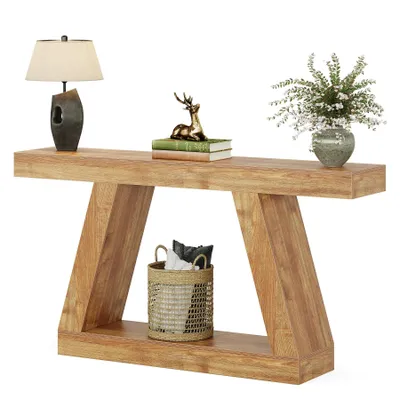 Produktbild von Tribesigns Farmhouse Konsolentisch, 140 cm rustikaler Sofatisch mit Stauraum, industrieller Eingangstisch aus Holz für Flur, Wohnzimmer, Naturbraun