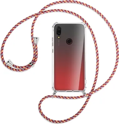 Produktbild von Handykette Backcover-Schutzhülle mit Band (Metall silberfarben) für Xiaomi Redmi 7 - weinrot/gelb/grau