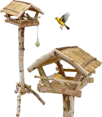 Produktbild von Vogelhaus aus Birkenholz 132cm mit Ständer Vogelfutterhaus Futterhaus Vogelhäuschen Vogel Ständer Reetdach natur