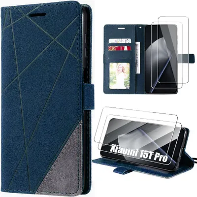 Image de Coque + 2 Verres Trempés pour Xiaomi 15T Pro, Protection Intégrale Antichoc Cuir Synthétique - Bleu Marine