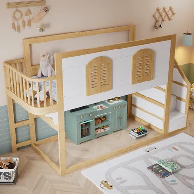 Produktbild von okwish Kinderbett 90x200 mit Staufächern und Spielbereich, Hochbett mit Sicherheitsgeländer und Fensterdesign, Einzelbett in Weiß,ohne Matratze