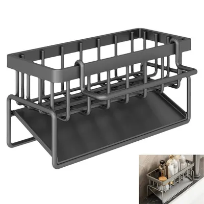 Produktbild von Spülbecken-Organizer – Küchen-Schwammhalter aus Kohlenstoffstahl, schwarz,mit Abtropfschale, rostfrei und stabil, für Spülschwämme, Bürsten und Tücher