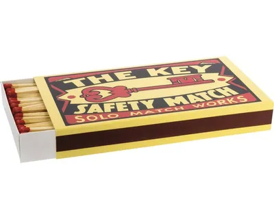 A box of matches with the lid partially pulled out, showing the matches inside.