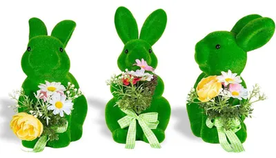 Immagine prodotto di Set di 3 conigli decorativi con fiori, tema primaverile, ideali per la festa della mamma, colore verde, altezza 21,5-26 cm