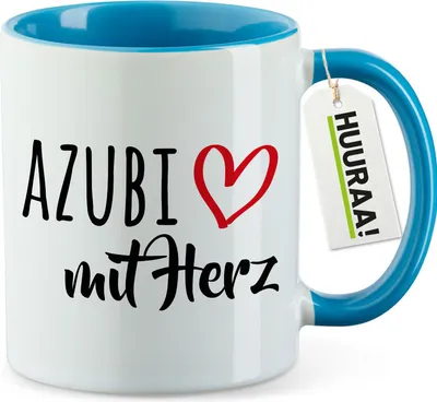 Produktbild von Huuraa Kaffeetasse Azubi mit Herz 330ml Blau Keramik Kaffeebecher Geschenkidee