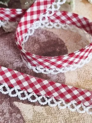 Produktbild von Designer Popeline Schrägband Kariert, Gepunktet Mit Spitze Baumwolle   Holland (Kariert Rot)