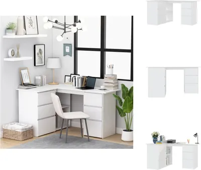 A corner desk setup with a chair and decorative items, shown alongside product shots of different desk configurations.