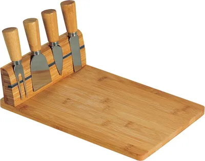 A cheese cutting board with a set of four cheese knives.