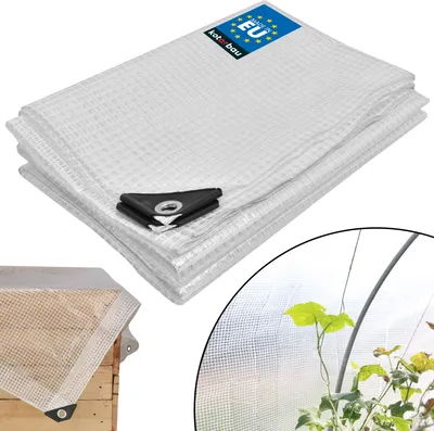 A folded transparent tarp with reinforced corners and a "Made in EU" logo, shown with a smaller inset image of the tarp covering a wooden crate, and another inset image of the tarp used as greenhouse covering.
