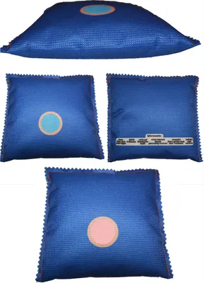 A collage of four images showing different views of a blue dehumidifier pillow with an indicator circle.