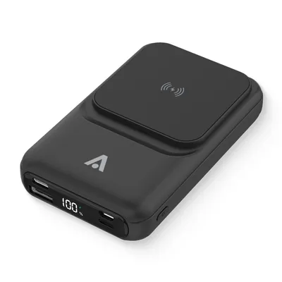 Produktbild von alkaya. Powerbank 10.000 mAh 3 in 1: Induktives Laden, Ports, Integrierte Kabel mit USB-A, USB-C und Lightning, kompatibel mit MagSafe - Schwarz