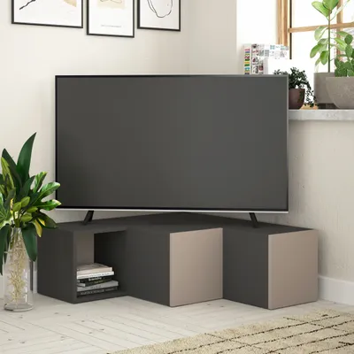 Produktbild von DECORTIE Kompakter Moderner TV-Ständer Multimedia-Center TV-Möbel Anthrazitgrau Mokkagrau mit Schrank 94 x 91 x 31 cm