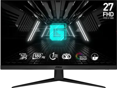 A gaming monitor displaying a futuristic abstract background with the MSI logo and feature callouts.