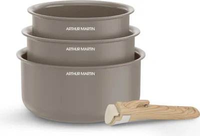 Immagine prodotto di Set di pentole, 3 pentole, adatte all'induzione, ARTHUR MARTIN AM1122, Vetroceramica, Ø 16-18-20 cm, manico rimovibile, taupe