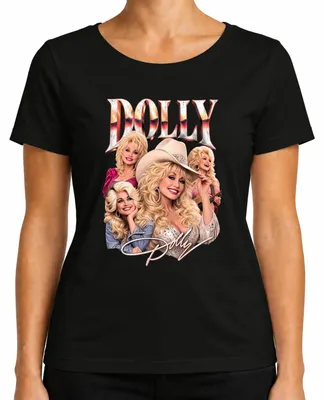 Productafbeelding van Dolly Parton, landelijke muzieklegende, western cowgirl, icoon van Nashville. Dames T-shirt, zwart, maat XL