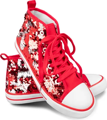 A pair of red high-top sneakers with red laces and white soles, decorated with red and silver sequins.