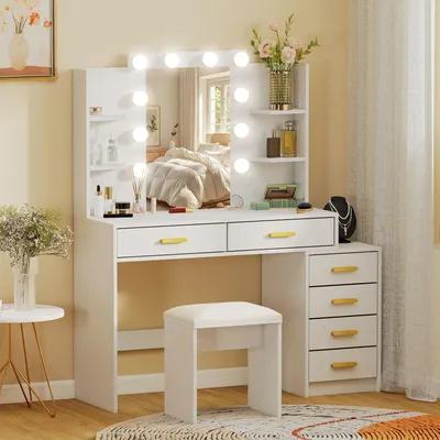 Produktbild von Schminktisch mit 10 LED-Spiegel, 6 Schubladen, Kosmetiktisch, Hocker, Weiß | 120 x 40 x 140 cm | 3 Lichtfarben | MDF & Glas
