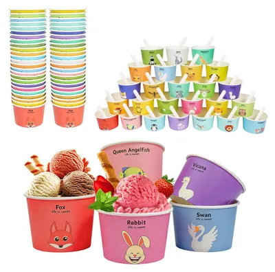 Papier-Eisbecher 180 ml, 50 Stück mit 50 Löffeln, Tiermotive