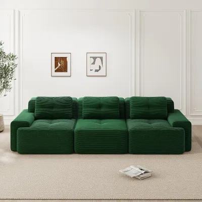 Immagine prodotto di Divano modulare imbottito, colore verde, 3 posti, rivestito in corda, ideale per il soggiorno, dimensioni 293x104x69 cm, tessuto resistente ai graffi, non richiede montaggio