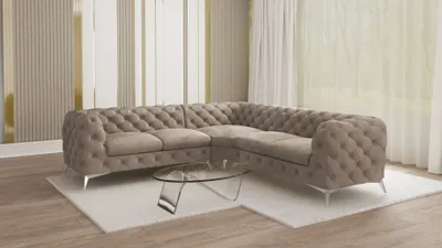 Produktbild von S-STYLE MÖBEL - Chesterfield Ecksofa Cleo mit Silber Metall Füßen aus Dunkle Creme Samtstoff, B/T/H: 264 cm / 264 cm / 75 cm