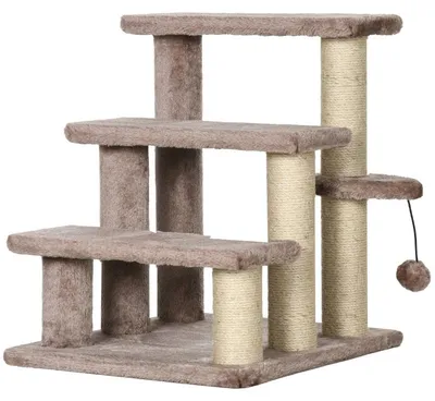 Immagine prodotto di Scala per gatti con 4 gradini, palla giocattolo e tiragraffi | Colore: Marrone | Dimensioni: 40x45x48 cm