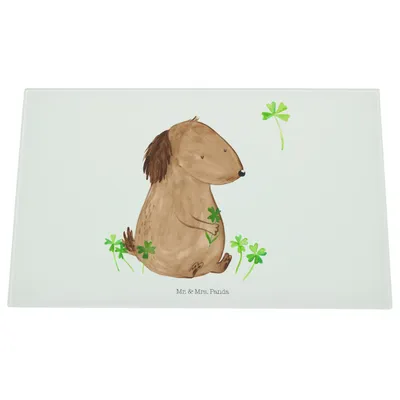 Produktbild von Mr. & Mrs. Panda Glas Schneidbrett Hund Kleeblatt - Weiß - Geschenk, Glasschneidebrett, Hackbrett, Viel Glück, schneidunterlage, Schneidplatte, Schneidebrett, Süß