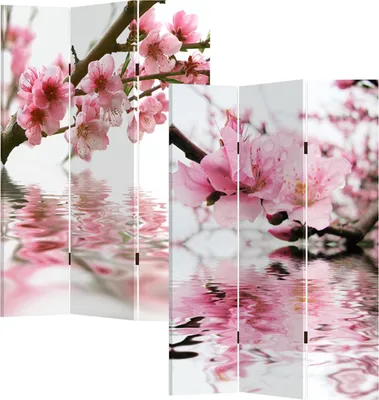 A folding screen with a floral design of pink magnolia flowers reflected in water.