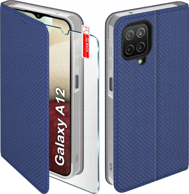 Image de Étui à rabat pour Samsung A12 | M12, étui à fermeture, bleu marine + verre de protection 9H