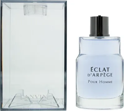 A bottle of Lanvin Éclat d'Arpège Pour Homme Eau de Toilette and its clear plastic packaging are shown against a white background.