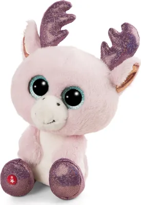 A plush toy reindeer sits on a white background.