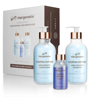 Zdjęcie produktu dla Pudełko upominkowe z peptydami miedziowymi – kompletny zestaw na porost włosów zawierający szampon, odżywkę i serum – Hairgenetix