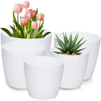 Zdjęcie produktu dla Omgoods - Zestaw 5 białych plastikowych doniczek do użytku wewnątrz i na zewnątrz