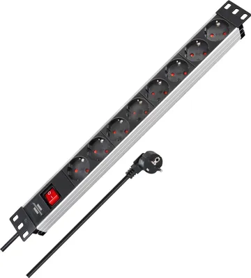 Productafbeelding van Brennenstuhl Alu-Line 19" stekkerdoos voor schakelkasten, 8-voudig, aluminium/zwart, 2 meter, H05VV-F 3G1,5 met schakelaar, artikelnummer 1390007018