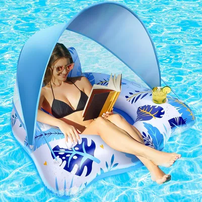 Produktbild von Aufblasbare Pool Luftmatratze mit 2 Getränkehaltern – Schwimmsessel für Erwachsene mit verstellbarem Sonnendach & Rückenlehne – XXL Schwimmring Wasserspielzeug