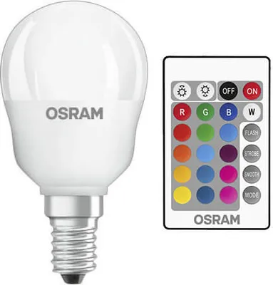 A white LED light bulb with an E14 base and a remote control with various color and function buttons.